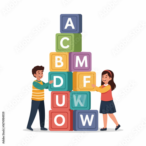 Two cheerful children collaboratively build a tall tower of colorful alphabet blocks, fostering teamwork and playful learning.