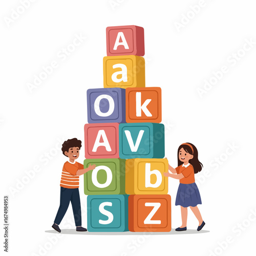 Two cheerful children collaboratively build a colorful alphabet block tower, fostering learning and playful interaction.