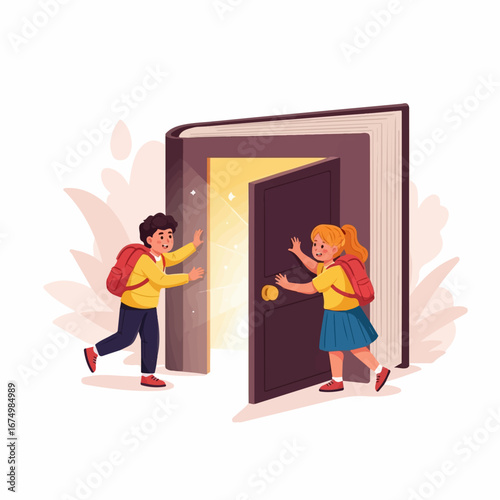 Two excited children with backpacks eagerly open a magical door appearing from a giant book, embarking on a wondrous adventure.