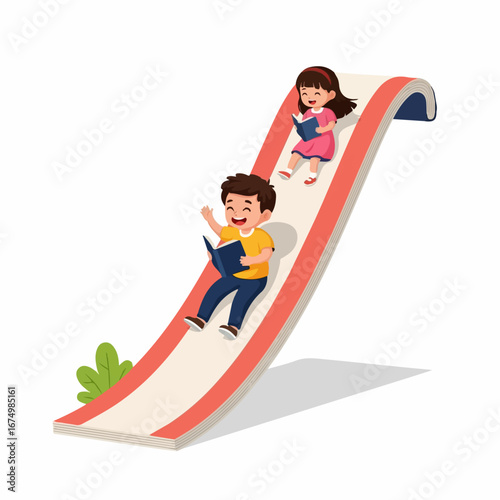 Two joyful children playfully slide down a giant book, engrossed in reading their own stories, creating a whimsical scene of childhood fun and literary adventure.