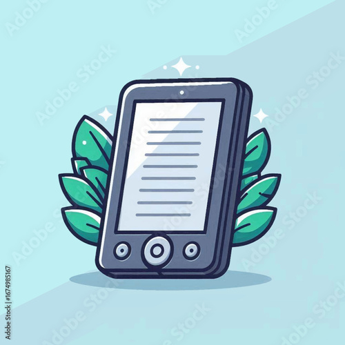 Stylized ereader icon with digital text control buttons and decorative green leaves.