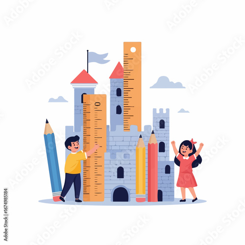 Two cheerful children playfully measure a whimsical castle built from oversized pencils and rulers against a bright, playful sky.