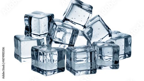 A pile of clear ice cubes, isolated on transparent background, representing coldness and refreshment