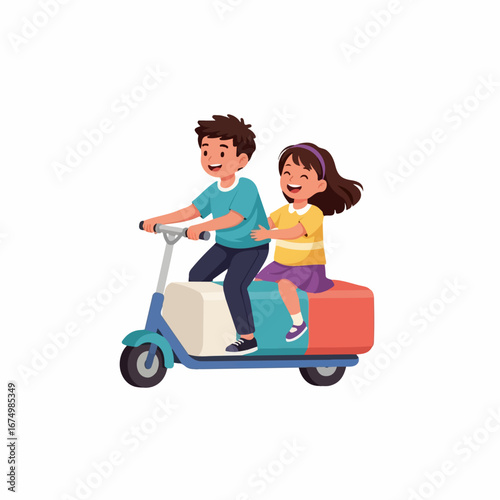 Two joyful children ride a scooter fashioned like an eraser, enjoying a carefree adventure.