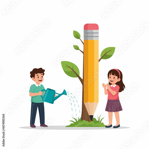 Two children joyfully nurture a giant pencil tree, symbolizing the growth of knowledge and creativity.
