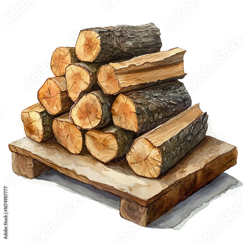 Cozy Fireplace Firewood Stack, watercolor drawing vector, isolated on a white background.