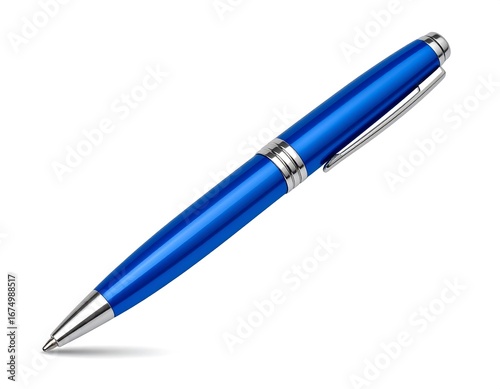 Blue pen with office supply, and white background.