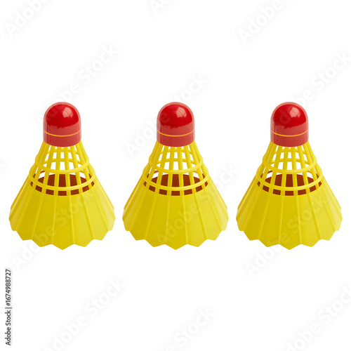 Three yellow and red plastic badminton shuttlecocks isolated on transparent background