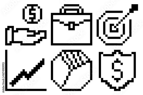 Set pixel finance icon vector for business, accounting, and monetary management. Useful for illustrating a collection of financial tools in a fun, retro, 8-bit aesthetic.	