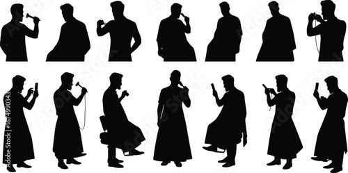 Barber silhouette vector, man grooming clipart, hair cutting tools, self haircut illustration, professional barber poses, hair styling design