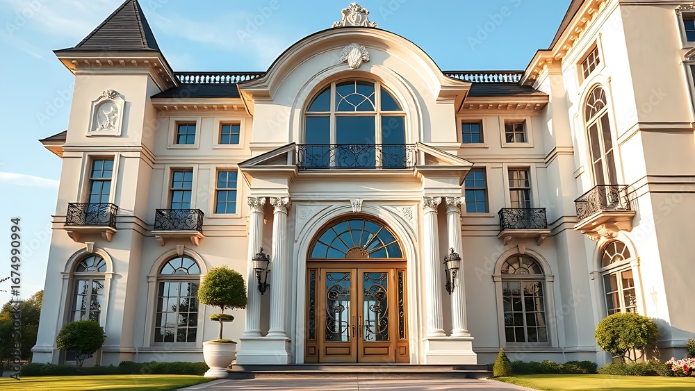 Fototapeta premium Grand mansion entrance featuring intricate architectural details under clear daylight skies.