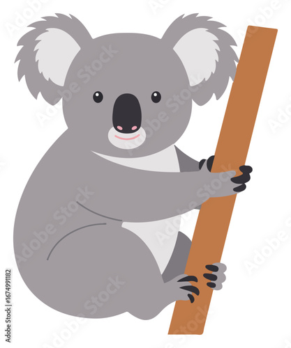 A cartoon koala clinging to a brown branch, looking forward with its large ears and gray fur.
