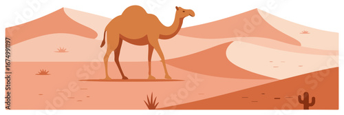 A camel stands in a desert landscape with sand dunes, sparse vegetation, and a cactus.