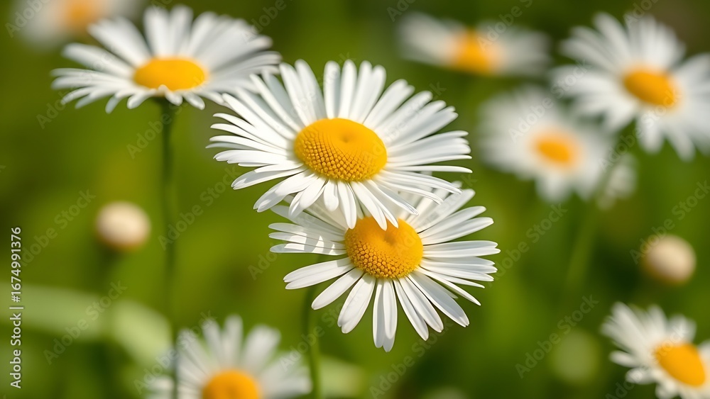 Obraz premium Close-up of fresh daisies with a soft green backdrop, natural light enhancing their delicate beauty.