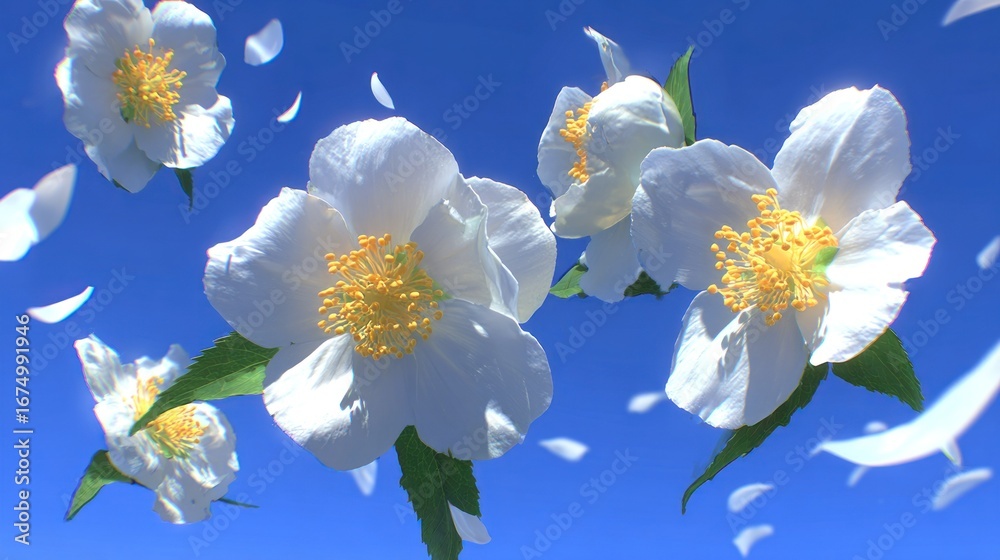 Obraz premium White flowers float in a vibrant blue sky