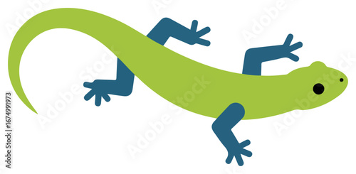 Graphic illustration of a green lizard with blue legs and a curled tail.