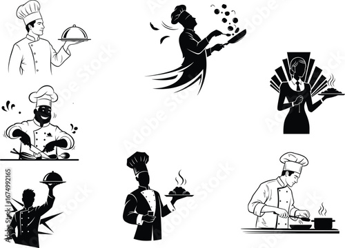 Chef illustrations, cooking vector art, culinary poses, kitchen activity, restaurant staff, food preparation, black and white style, professional chef actions, gourmet concept