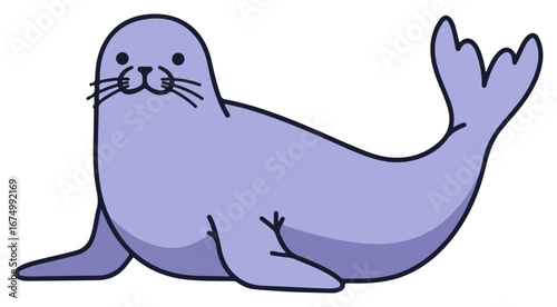 A cartoon illustration depicts a friendly seal with a light purple body, featuring whiskers and flippers.