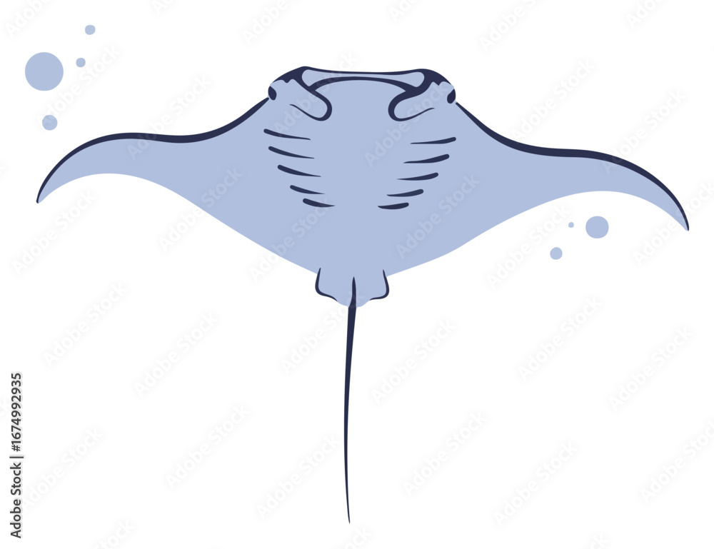 Obraz premium Stylized illustration of a manta ray swimming, depicted in light blue with simple line details and bubble accents.