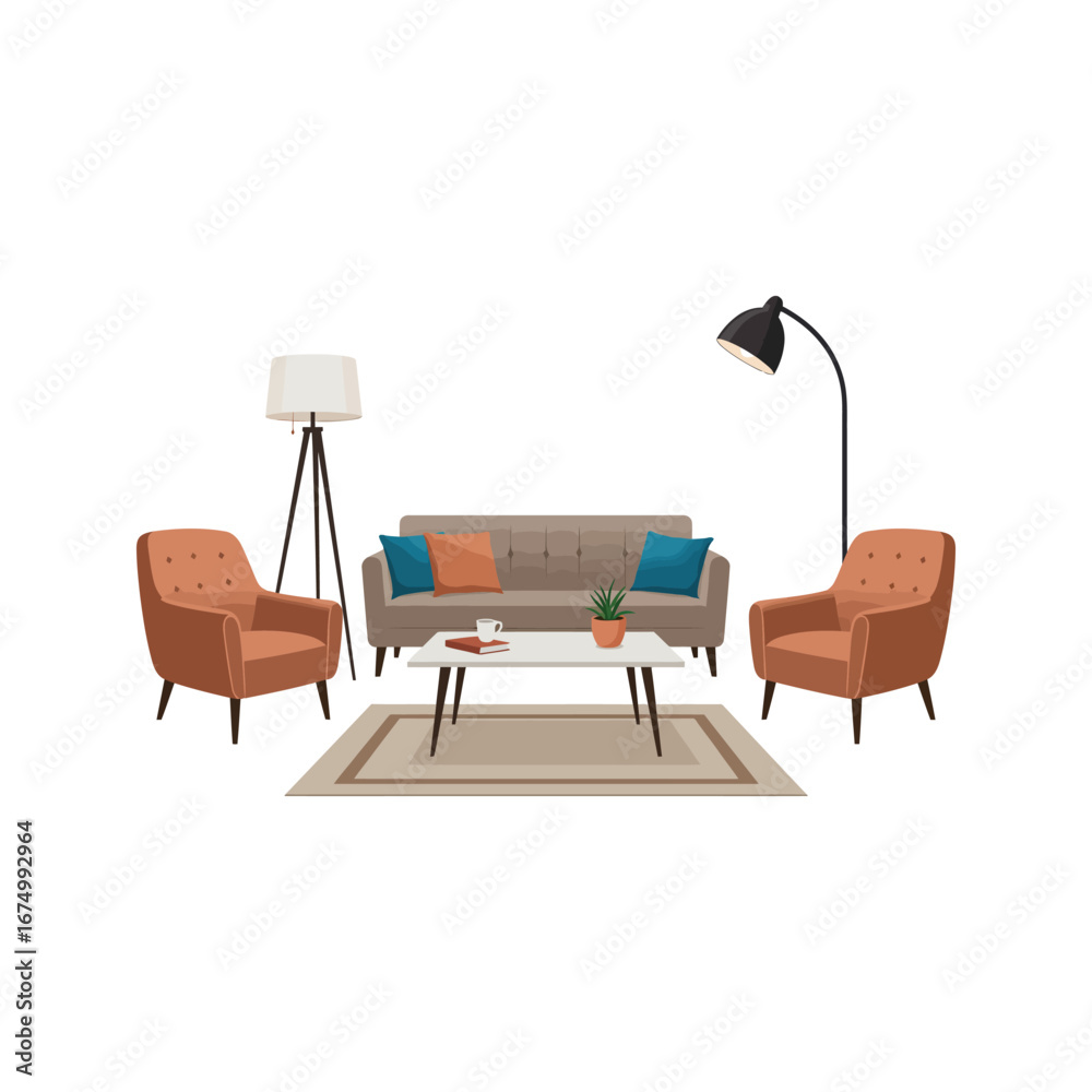 Fototapeta premium Midcentury modern living room interior design sofa armchairs coffee table floor lamps rug pillows