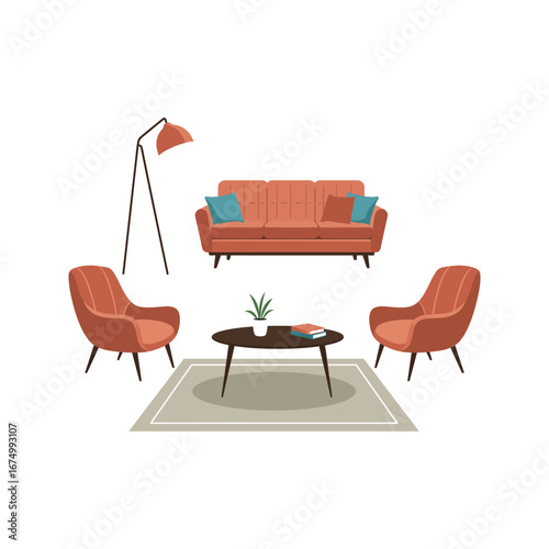 MidCentury Modern Living Room Set Sofa Armchairs Coffee Table Floor Lamp Rug