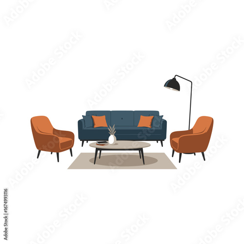 MidCentury Modern Living Room Setup Teal Sofa Orange Armchairs Coffee Table