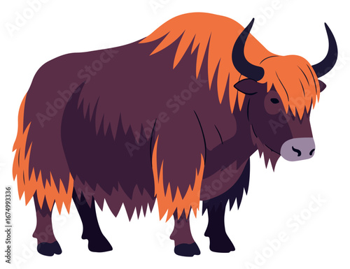 Illustration of a brown yak with orange shaggy fur, standing on a white background.
