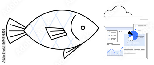 Fish outline next to data dashboard with charts, graphs, cloud. Ideal for research, environment, sustainability, data analytics, technology, fisheries simple landing page