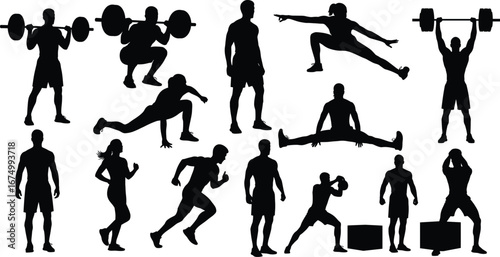Fitness silhouettes performing strength training, weightlifting, running, stretching, boxing, athletic exercises, cardio workouts