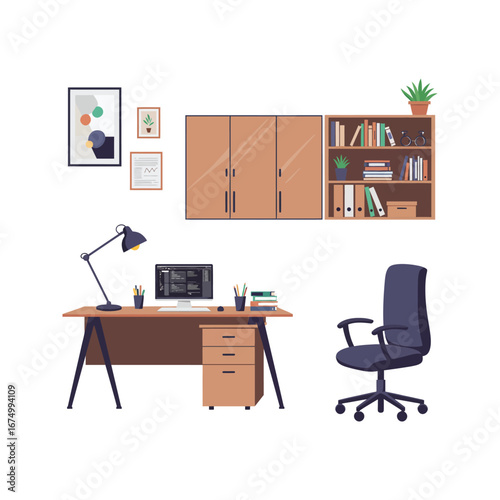 Modern Home Office Setup Desk Chair Bookshelf Computer and Decor
