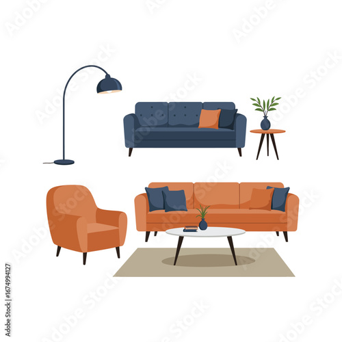 Modern living room furniture set blue and orange sofas armchair coffee table floor lamp plants