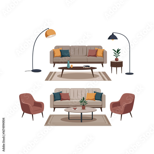 Modern Living Room Furniture Set Sofa Armchairs Coffee Table Floor Lamps and Decor