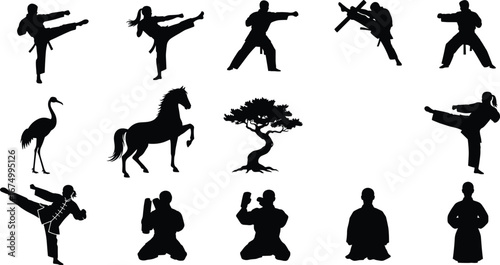 Martial arts silhouettes practicing karate, kung fu, meditation poses, animal shapes, bonsai tree, showcasing discipline, strength, balance, and focus.
