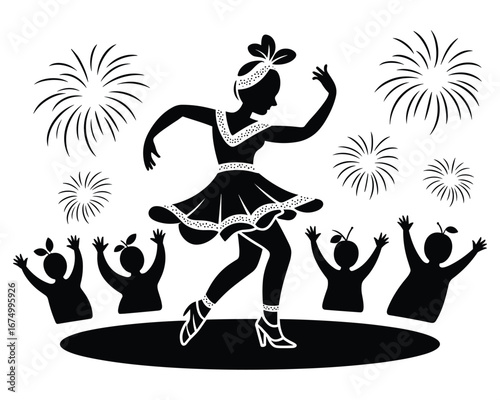 Dancer performing with audience and fireworks on white background dancing performance