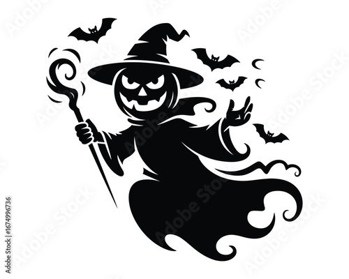Halloween Pumpkin Witch With Flying Bats And Magic Staff Silhouette jack-o-lantern