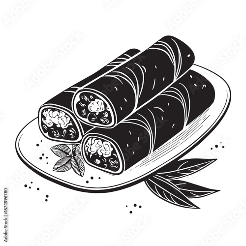 Black spring rolls Silhouette Vector, High Quality Illustration on White Background