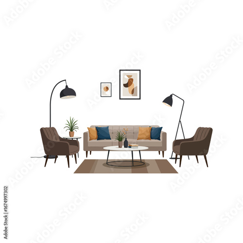 The luxury living room's interior design features comfortable furniture, including a wooden table and chairs, set against a decorated wall with a large window