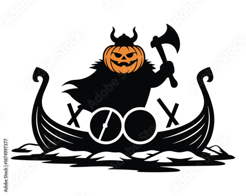 Pumpkin headed viking in a longboat with axe and shields halloween costume