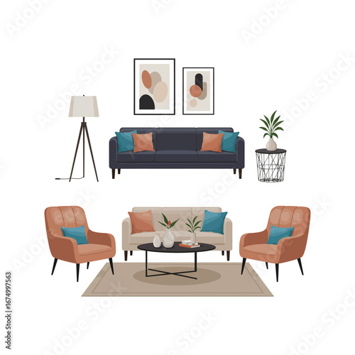 Modern living room with comfortable sofa and armchairs