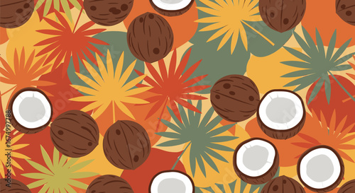 A vibrant, colorful tropical pattern featuring coconuts and stylized leaves.