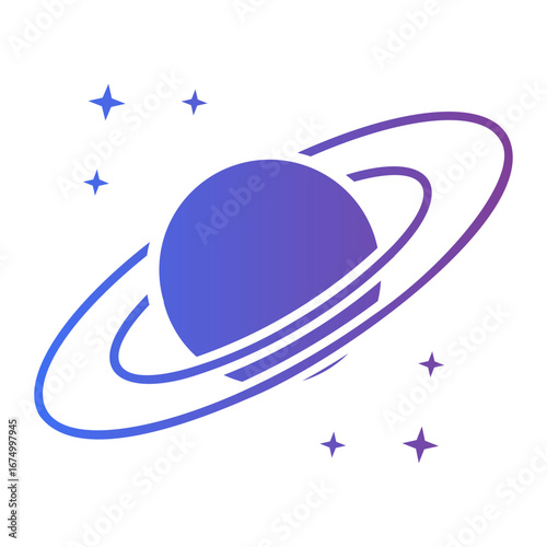 Abstract celestial icon of a ringed planet with stars. A purple and blue gradient logo concept for science, technology, or space exploration