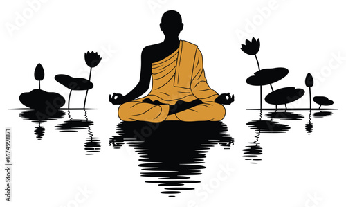 Silhouette of Buddhist monk meditating in lotus pose with lotus flowers and reflection