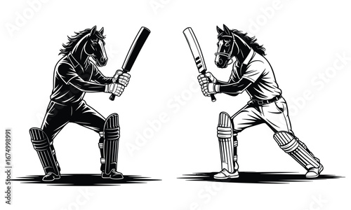 Two Horsemen Dressed as Cricketers Ready to Bat on White Background batsman player
