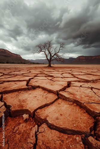 Dramatic landscape of cracked dry desert ground under stormy clouds with a lone tree in the distance, symbolizing drought, climate change, survival, and the power of nature’s extremes