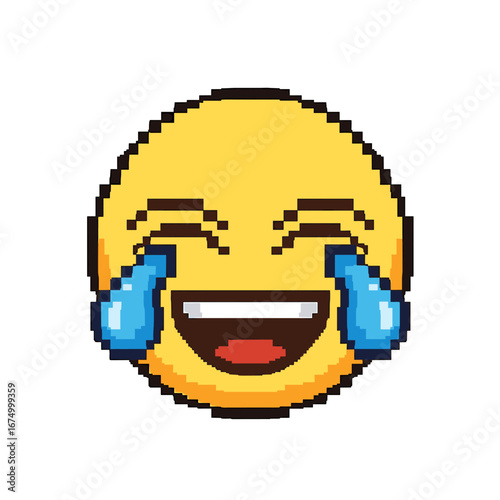 A pixelated yellow emoji with tears of joy and a wide, open mouth.