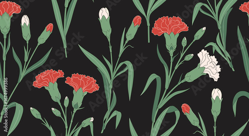 Elegant repeating pattern of red and white carnations on a dark background.
