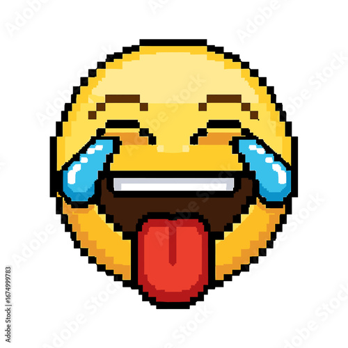 Pixel art emoticon laughing hysterically with tears streaming down its face and tongue sticking out.