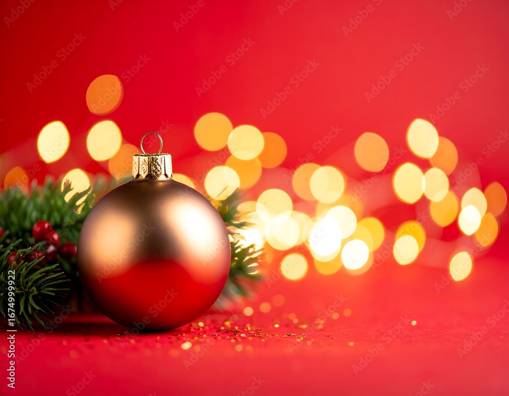Fototapeta premium Christmas ornament on red background with lights