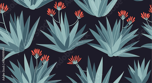 A repeating pattern of stylized aloe plants with small red flowers on a dark background.