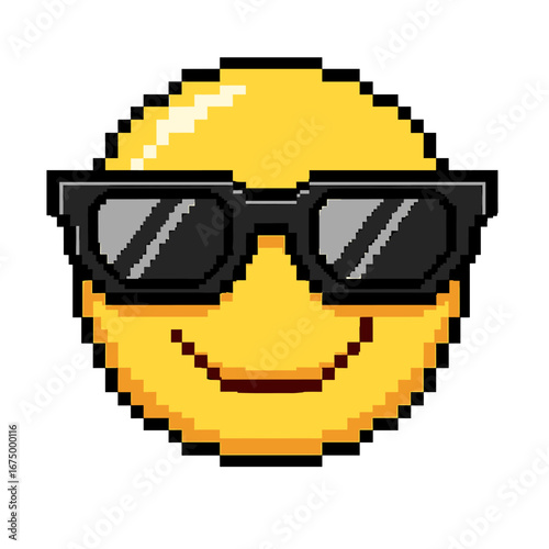 Pixel art smiley face wearing cool sunglasses.